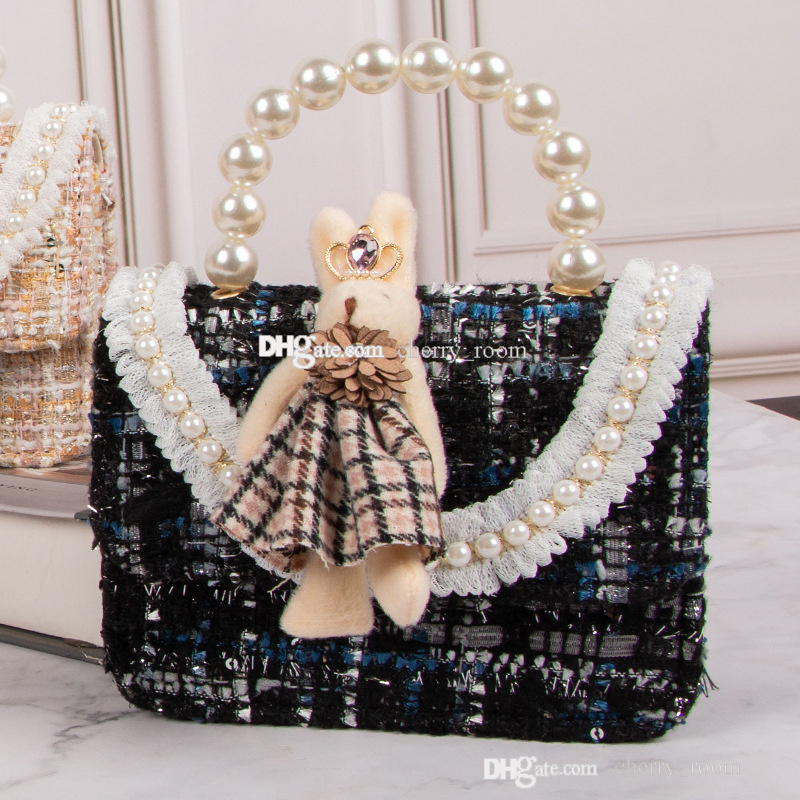 Sweet baby girls Pearl sequin handbag fashion children Lace 3D small rabbit One shoulder bag Kids plaid chain crossbody bags F1662