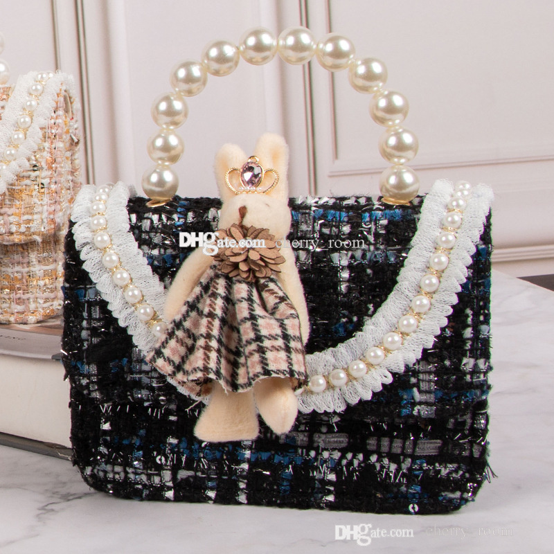 Lieve babymeisjes Pearl -pailletten Handtas Mode Kinderen Lace 3D Klein Konijn One Shoulder Bag Kids Plaid Chain Crossbody Bozels F1662