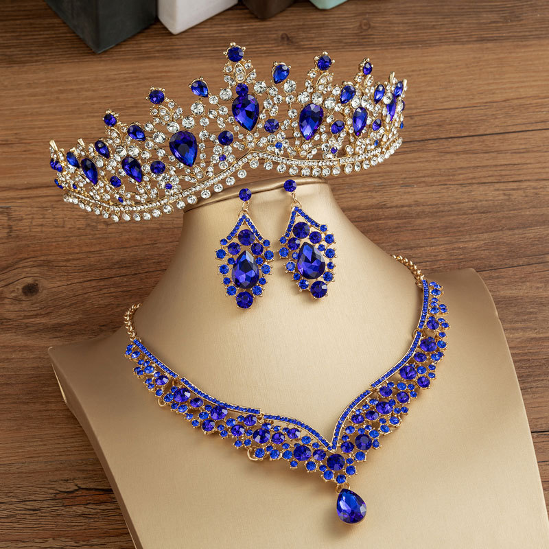 Bruids bruiloft kroon hoofddeksels driedelige set van blauwe super onsterfelijke schoonheid trouwjurk sfeervolle kroon transparant kristal strass volwassen geschenk kroon