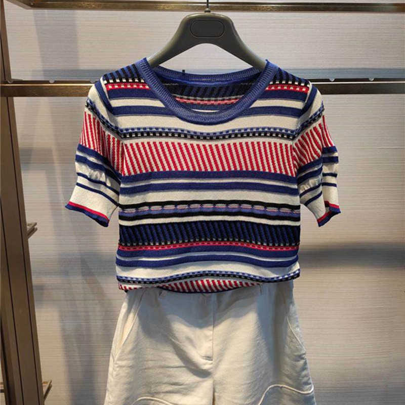 Women's T-Shirt Cotton Women Sweater T-shirt New Summer Fashion Short-sleeve O-Neck Pullover Tees Korea Casual Knitted Color Stripe Tops P230515