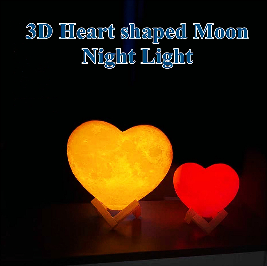 Lámpara de luna en forma de corazón con luz nocturna, carga USB impresa en 3D con soporte de madera, luz nocturna de es para fiesta de cumpleaños, regalo de Navidad, decoración del hogar, control remoto táctil