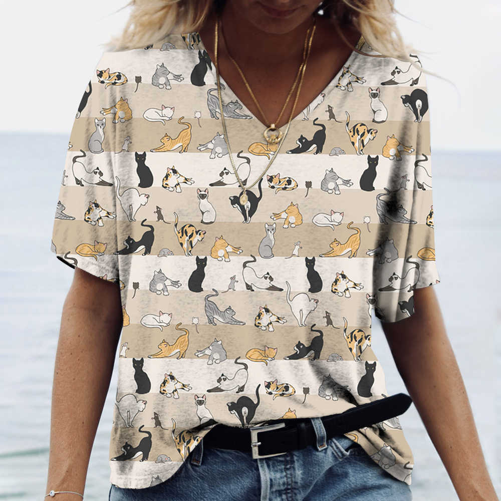 レディースTシャツの女性用Tシャツ漫画キャットプリントサマーショートスリーブvネックカイイファッションカジュアルティーシャツ子猫面白いフェミニニティ服p230515