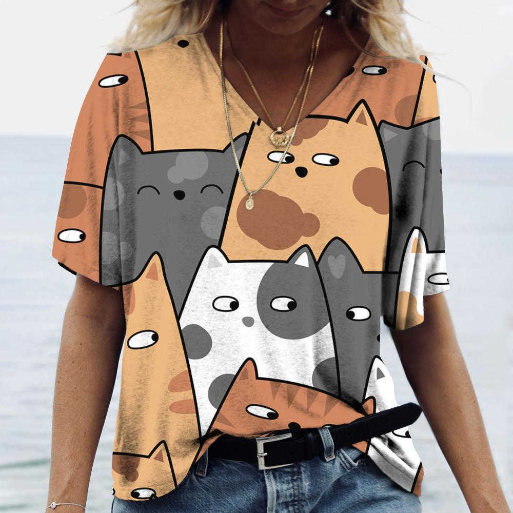 Women's T-Shirt Women's T-shirt Cartoon Cat Print Summer Short Sleeve V-Neck Kaii Fashion Casual Tee Shirts kitten Funny Femininity Clothing P230515