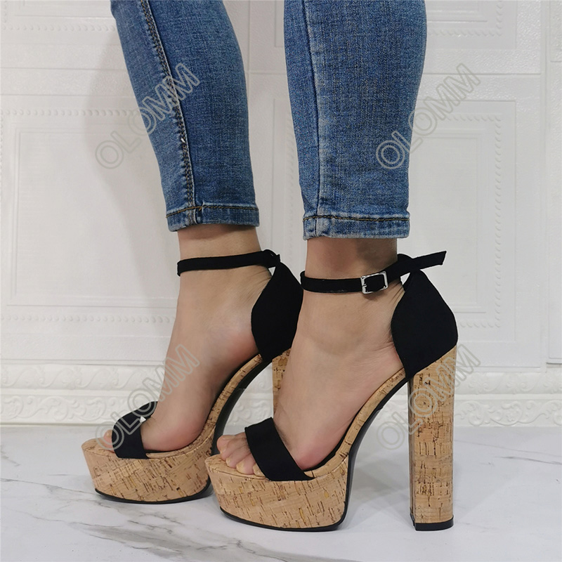 Olomm nova feminina artesanal Sandals Cork Block Sexy High Heels Sandals Aberto do pé preto Sapatos casuais mulheres PLUS TAMANHO 5-20