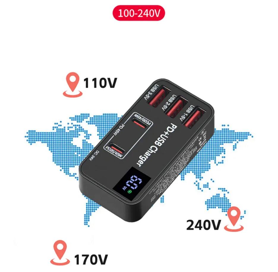 Multi Portable USB Charger Mini 5 Port USB C PD Laptop Charger 60W 65W Multi USB Wall Charger för mobiltelefon