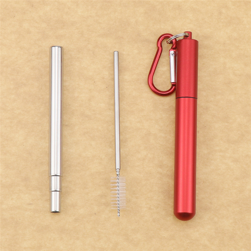 Reusable Stainless Steel Straws with Aluminum Keychain Case Cleaning Brush Collapsible Telescopic Portable Drinking Straw