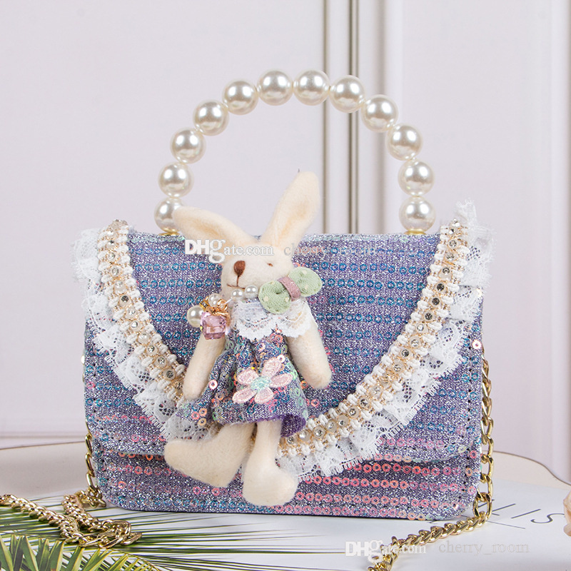 Sweet baby girls Pearl sequin handbag fashion children Lace 3D small rabbit One shoulder bag Kids plaid chain crossbody bags F1662