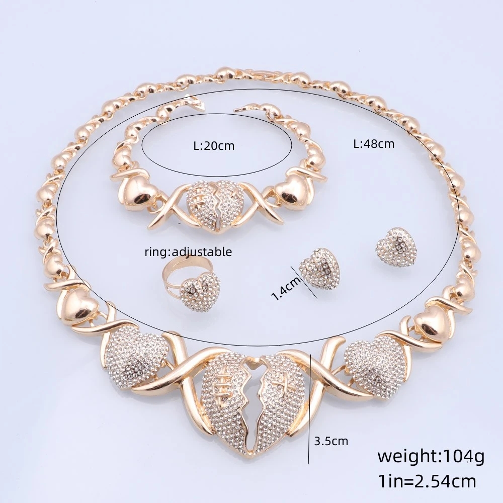 Moda Donna Costume da sposa Girocollo Dichiarazione Cuore di cristallo Collane Orecchini Bracciale Anello Collare Boho Set di gioielli feste