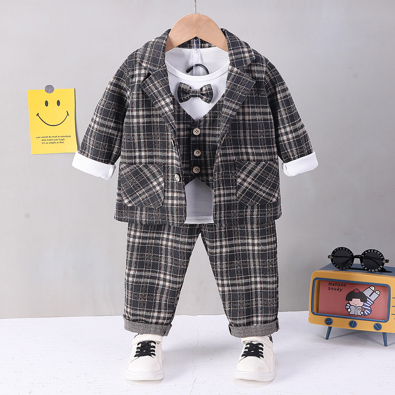 New Baby Boys Clothing Male Children Suit Gentleman Formal Style Plaid Coats Shirt Pants /sets Kids Infant Clothes Suit Set