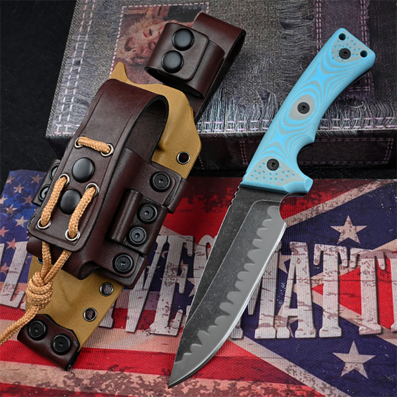 Special Offer M35 Strong Survival Straight Knife Z-wear Stone Wash Drop Point Blade Full Tang Blue G10 Handle Outdoor Fixed Blade Tactical Knives with Kydex