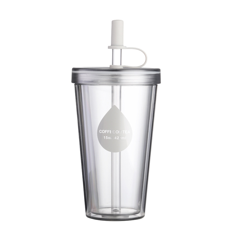Gobelet en plastique pour tasses à eau et à café portables à double couche avec couvercles de pailles et bouchons anti-poussière