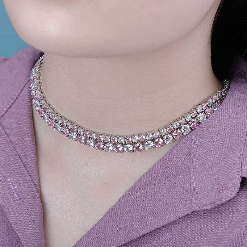 Ins roze en witte kubieke zirconina 2 tone dames tennis ketting choker wit goud charmeketens hiphop sieraden kettingen bling kraag choker sieraden voor vrouwen dames