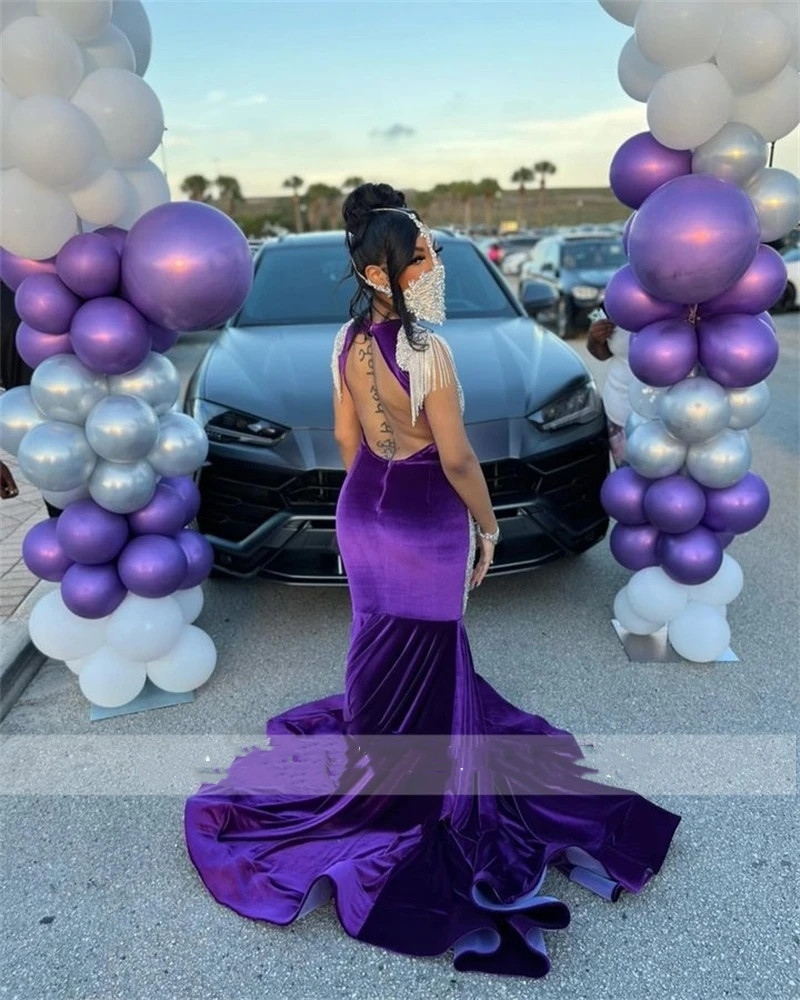 Purple Velvet Sheer O Neck Long Prom Dresses For Black Girls 2023 Beaded Crystal Birthday Party Dresses Tassel Evening Gowns Robe De Bal