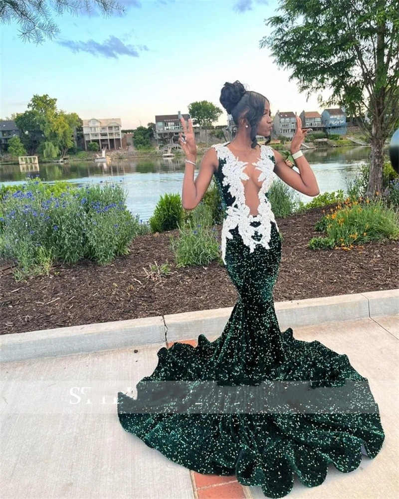 Dark Green Sequins Sheer O Neck Long Prom Dress For Black Girls 2024 Sequined Birthday Party Dresses Appliques Evening Gowns Mermaid Robe De
