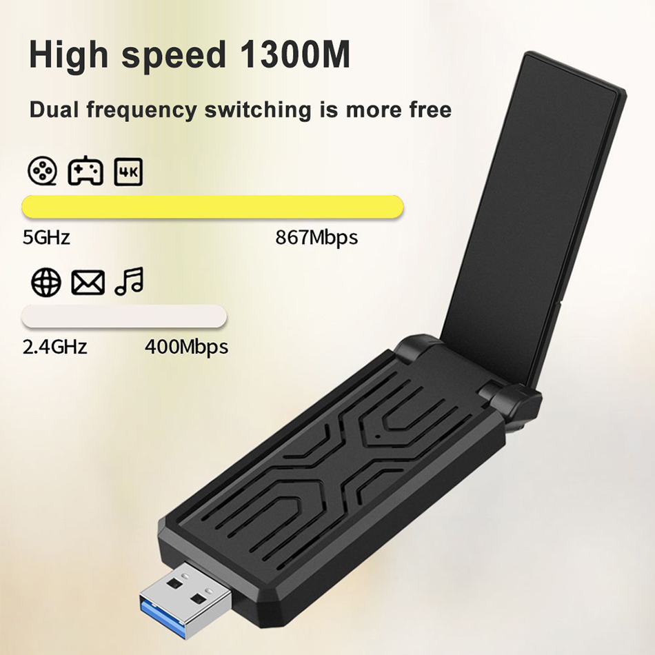 1300 Мбит/с USB Wi -Fi Adapter 2.4G 5GHZ Двойной сетевой карты Wi -Fi RTL8812BU Беспроводной приемник для PC Desktop Naptop 802.11a/B/G/N/AC