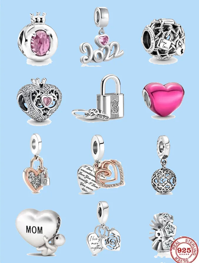 925 Charm-Perlen-Zubehör für Pandora-Charms-Schmuck, Schmuck, Geschenk, Großhandel, Vorhängeschloss und Schlüssel, baumelnder Charm Pink Love 088477