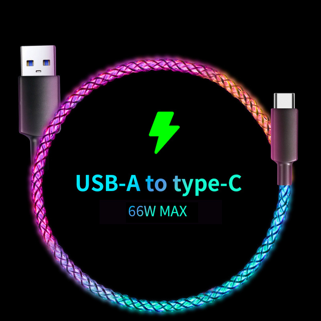 RVB Super 6A Date de charge rapide câble flux Cool coloré Streamer ligne rougeoyante pour Huawei Xiaomi Type C USB C chargeur