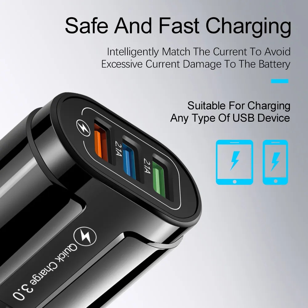 Adaptateur de chargeur mural USB 3 ports 5V 2A Chargeur de téléphone à charge rapide Adaptateur secteur pour Samsung iPhone LG Xiaomi QC3.0 EU US Plug Chargeurs rapides