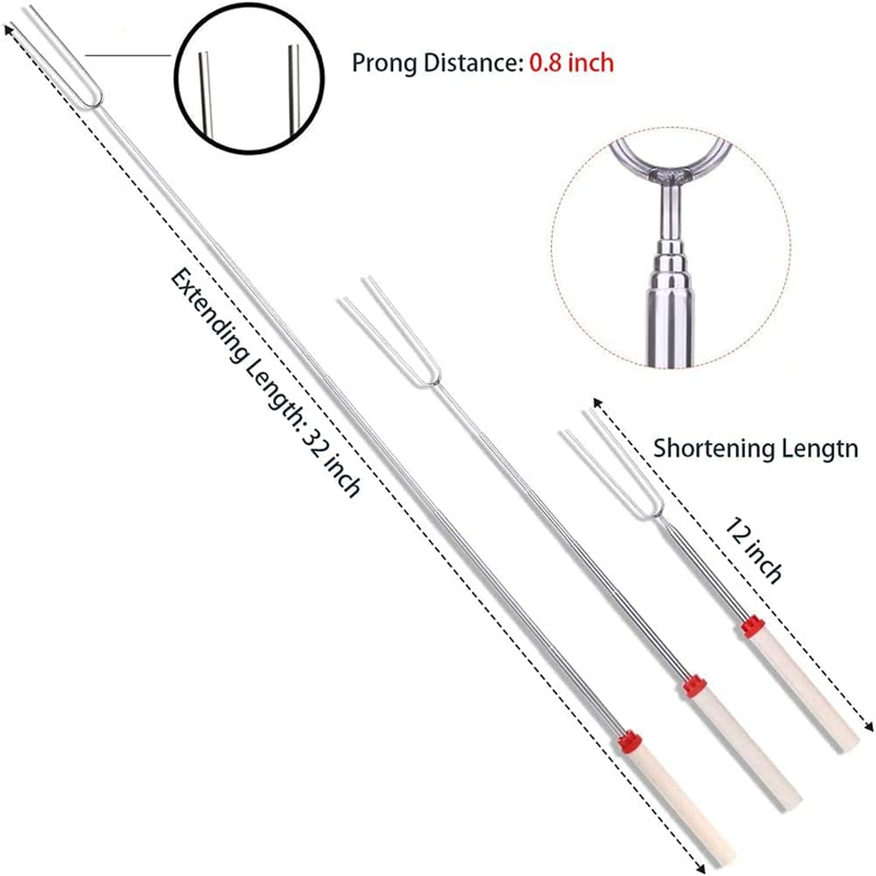 32inch Extendable Marshmallow Roasting Sticks BBQ Tools Stainless Steel Retractible Barbecue Fork Smores Skewers Corn Holders For Camping/Bonfire Fireplace