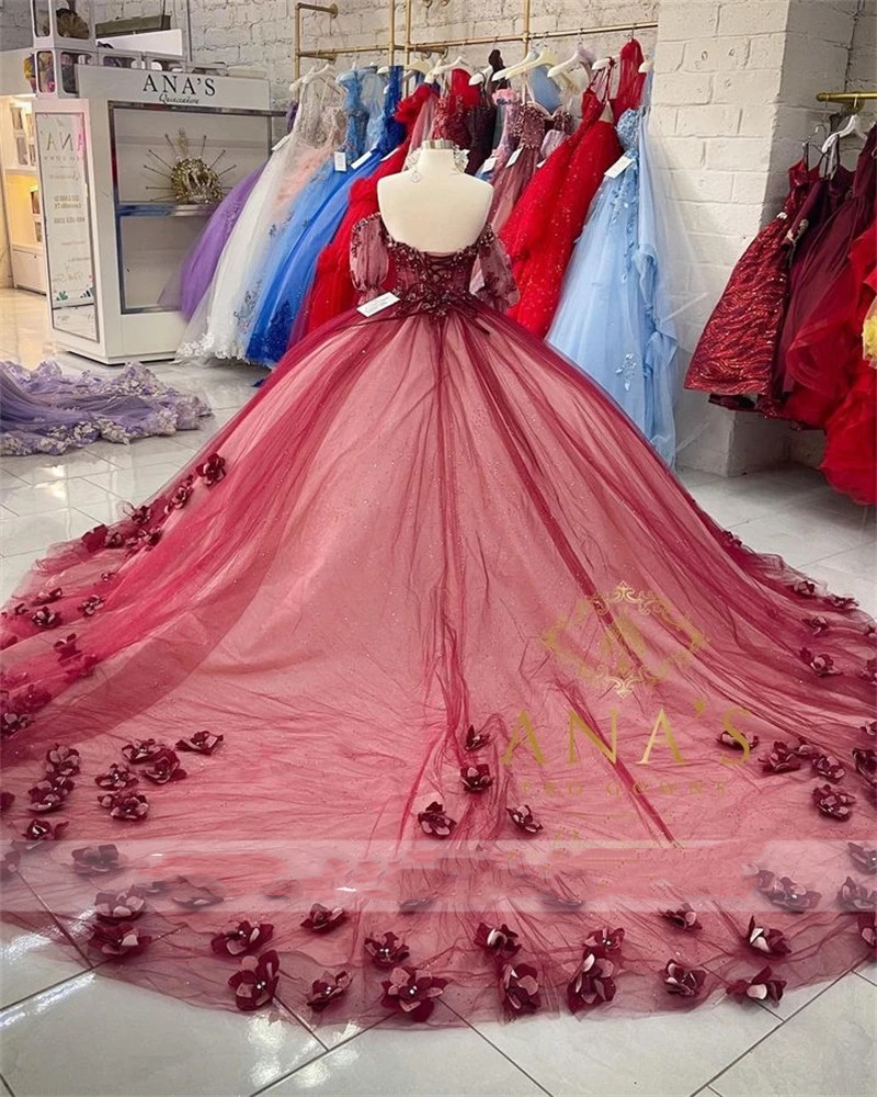 Princess 2023 Red Off The Shoulder Ball Gown Quinceanera Dresses For Girls Beaded Celebrity Party Gowns 3D Flowers Graduation Robe De