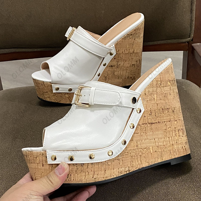 Olomm, sandalias de verano hechas a mano para mujer, cuñas con tachuelas, tacones, punta abierta, hermosos zapatos de fiesta en color burdeos, blanco y rosa, tallas de EE. UU. 5-20