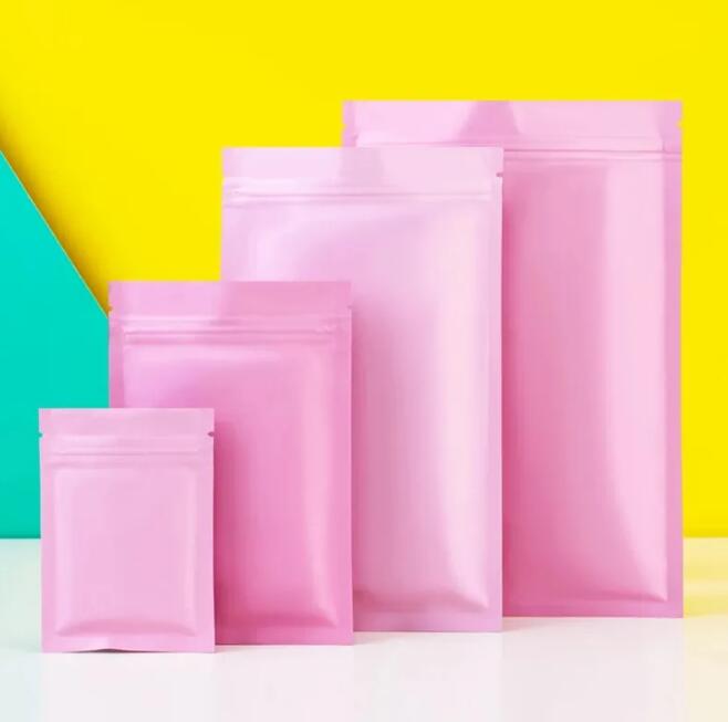 Matte Pink Aluminum Foil Bag Self Seal Grip Seal Tear Notch Flat Pouches for Food Snack Tea Bean Storage Pouches