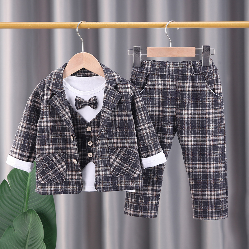 New Baby Boys Clothing Male Children Suit Gentleman Formal Style Plaid Coats Shirt Pants /sets Kids Infant Clothes Suit Set