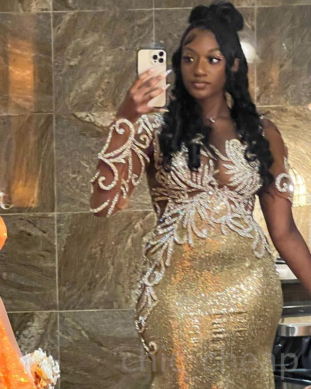 2023 May Aso Ebi Gold Mermaid Prom Dress Sheer Neck Lace Sexy Evening Formal Party Second Reception Birthday Engagement Gowns Dress Robe De Soiree ZJ261