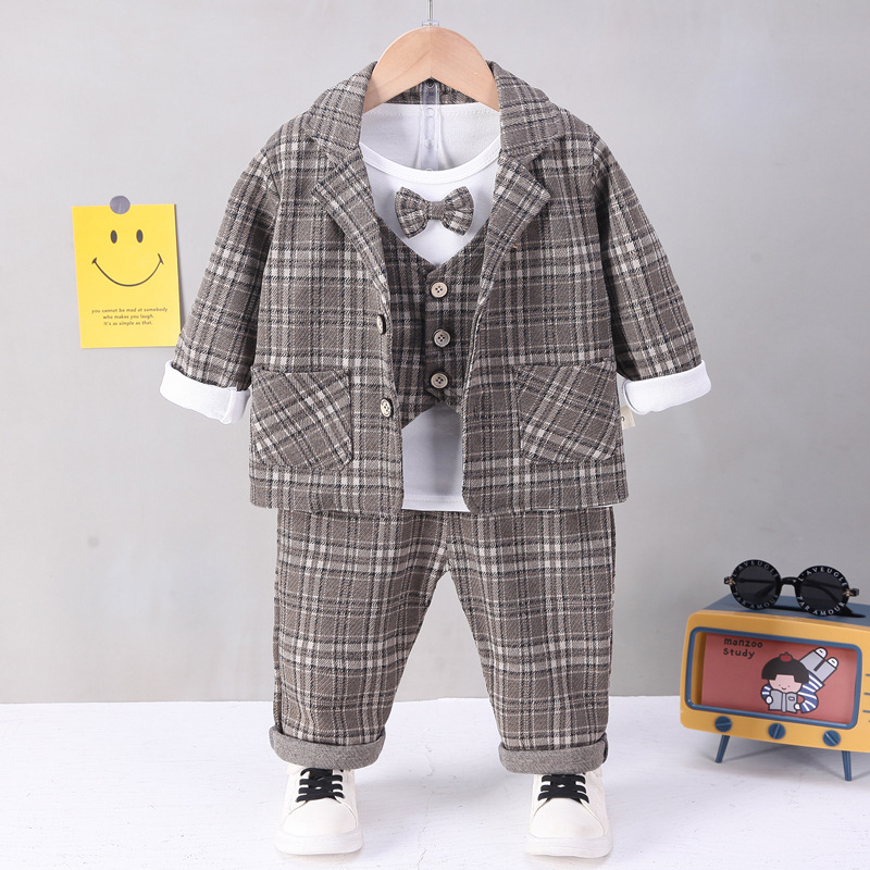 New Baby Boys Clothing Male Children Suit Gentleman Formal Style Plaid Coats Shirt Pants /sets Kids Infant Clothes Suit Set