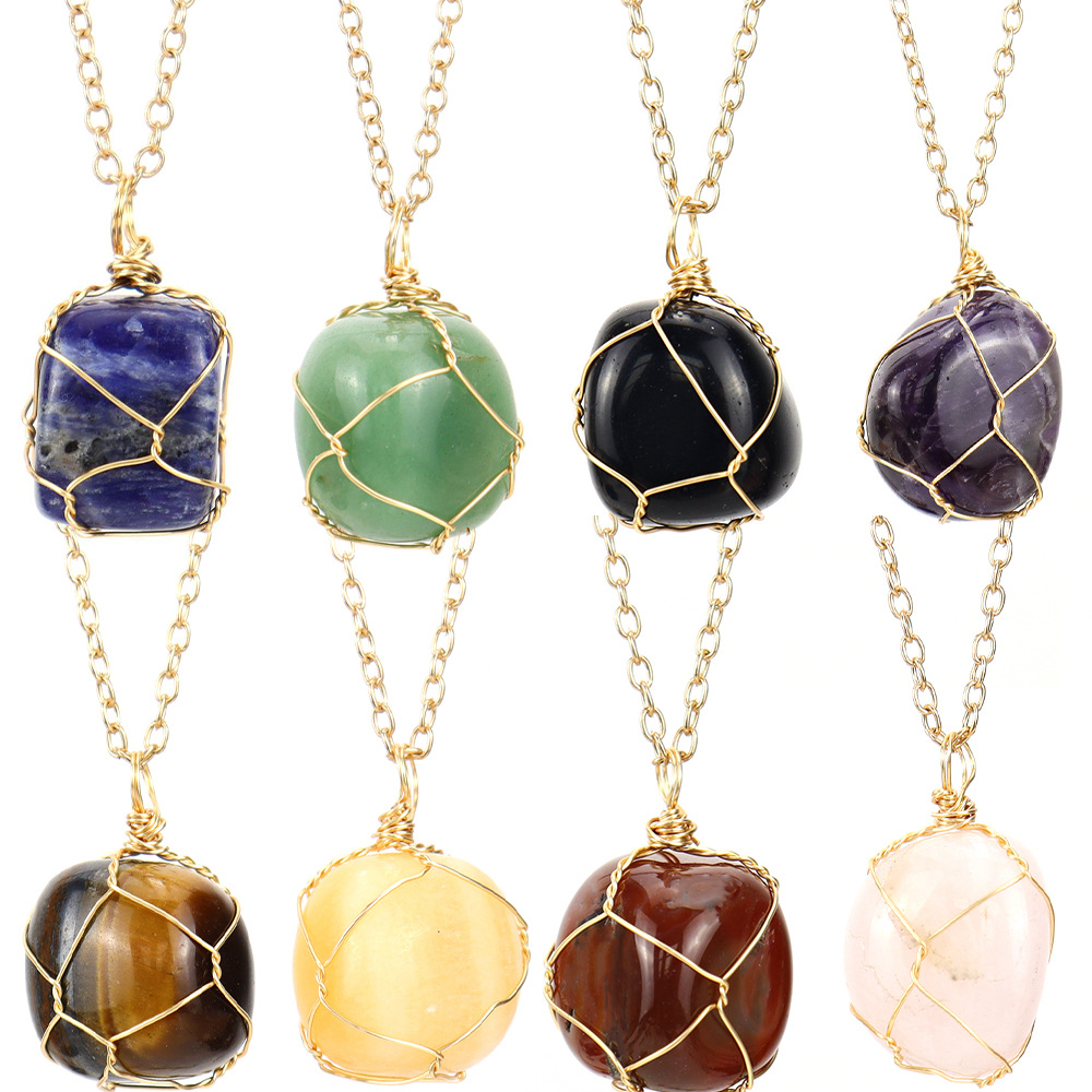 5 Styles Natural Stone Wire Winding Pendant Irregular Amethyst Rose Quartz Crystal Agate Necklaces Jewelry Accessories