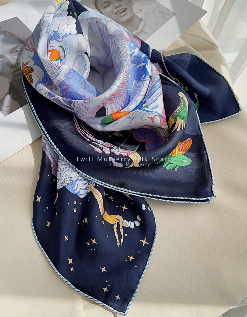 Femmes marque impression écharpe 90 cm mûrier carré ourlet rouleau châles bleu luxe concepteur Bandana sergé cou cheveux tête foulards