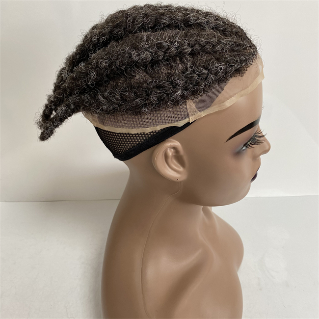 Peruanisches Echthaar-Haarteil, Wurzel-Afro-Mais-Zöpfe #1b/grau, Vollspitze-Toupet für den alten Blackman
