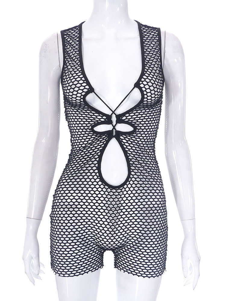 RUKAS Mesh Sleeveless Black Cut Out See Through Sexy Slim Playsuit 2023 Summer Women Revealing Y2K Outfit Festival Nightclub