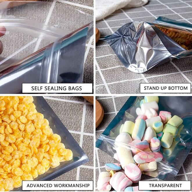 Sacos plásticos transparentes prateados para armazenamento de alimentos Sacos de Mylar transparentes lacráveis e reutilizáveis Bolsas grandes à prova de cheiro para pequenas empresas