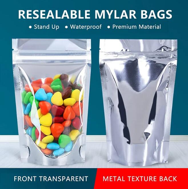 Sacos plásticos transparentes prateados para armazenamento de alimentos Sacos de Mylar transparentes lacráveis e reutilizáveis Bolsas grandes à prova de cheiro para pequenas empresas