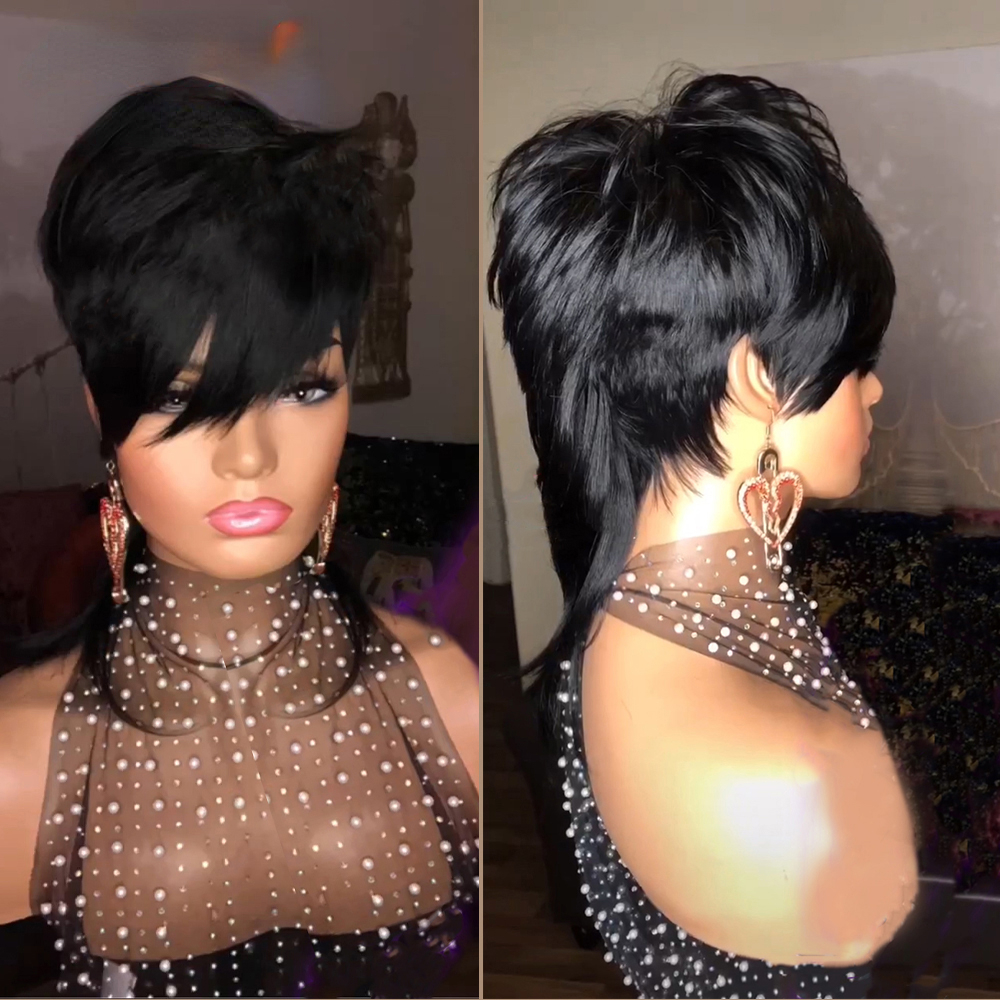 pelucas 100% Brazilian Human Hair Pixie Short Cut Bob Wig With Bangs Wave Wavy Human Hair Wig None Full Lace Glueless Wig For Africa Women