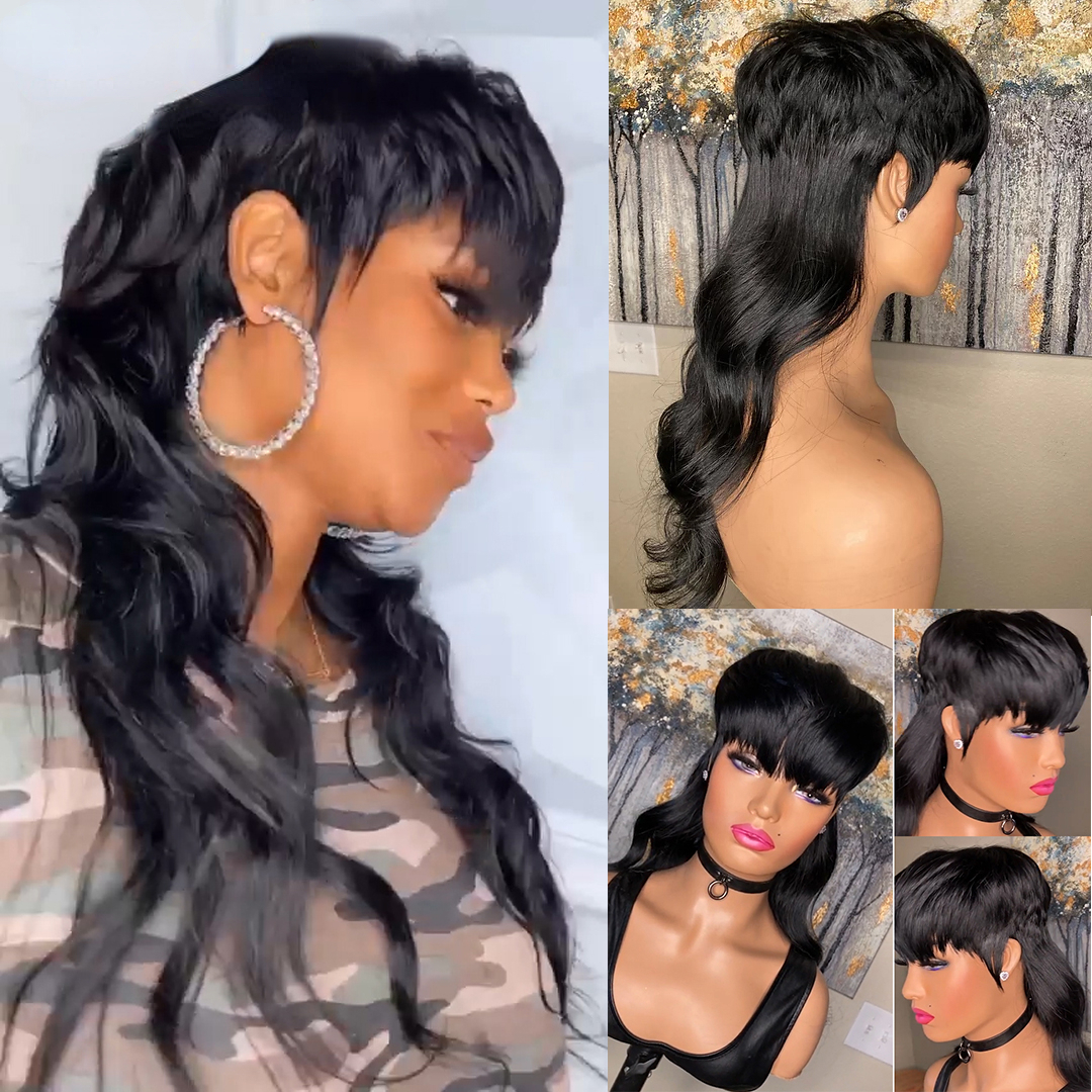 180Density Brazilian Virgin Short Human Hair Wig With Bangs Body Wave Black Pixie Cut Wigs Glueless Full Lace Front Wigs For Women