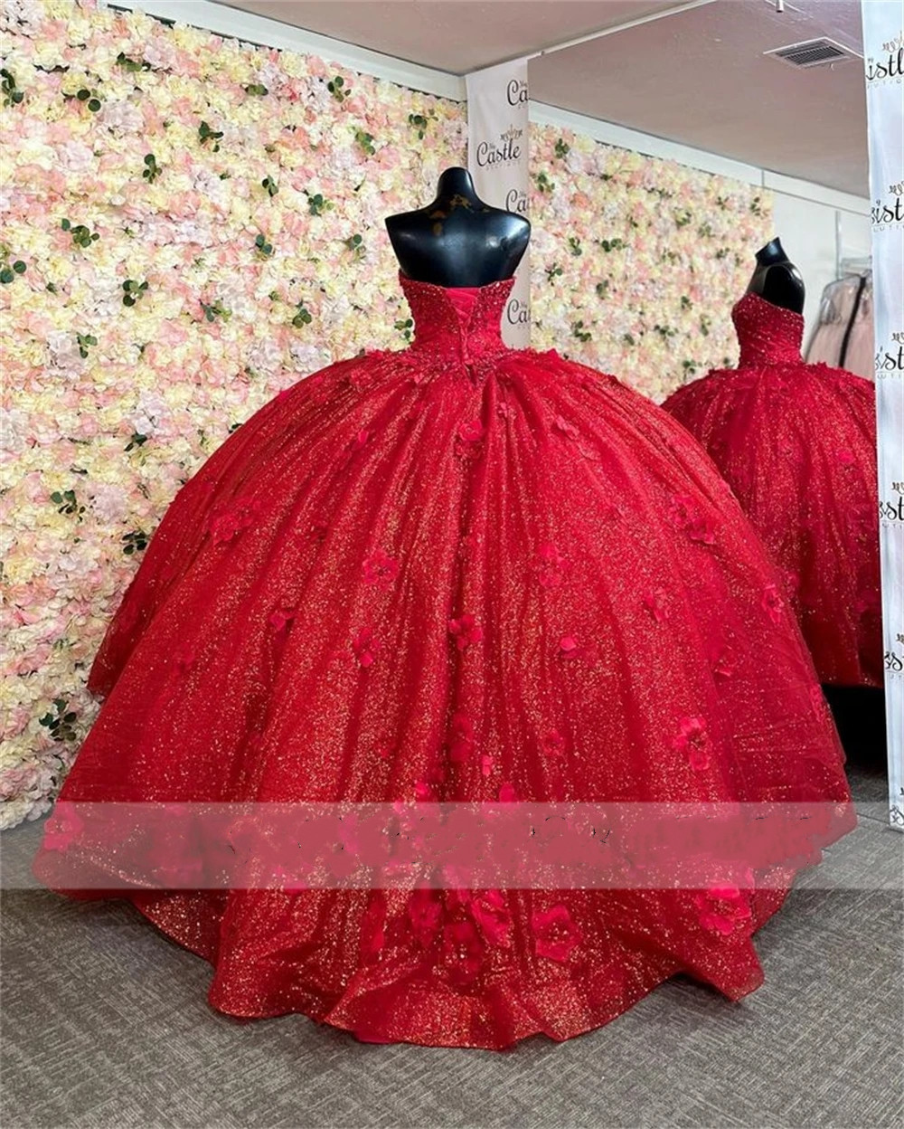 Red Beaded Sweetheart 3D Flowers Ball Gown Quinceanera Dress 2023 Sparkly Princess Dress Sweet 16 Dress vestidos para Prom Party Gowns