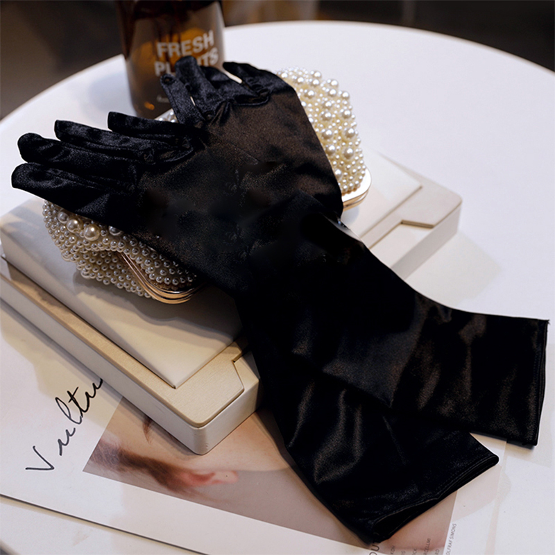 ST-0006-A Black Long Gloves Performance New Elastic Gold Suede Dress Dance Etiquette Welcome Bride Sleeves