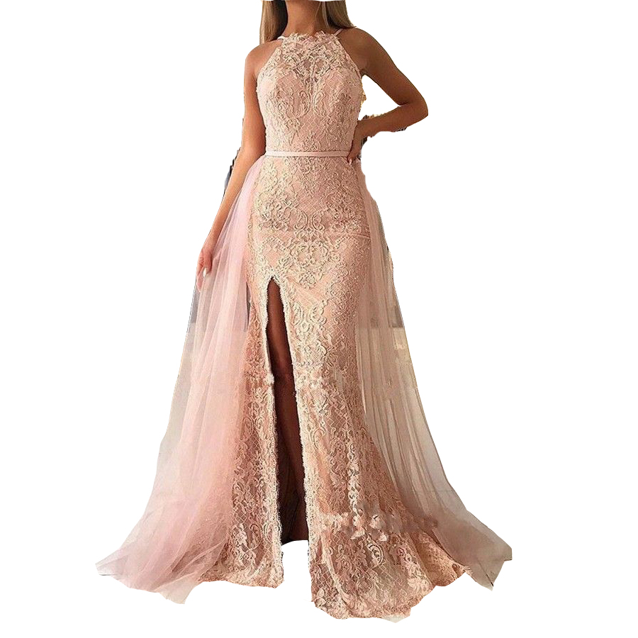 2023 Sexy Prom Dresses Jewel Neck Blush Pink Full Lace Appliques Illusion Mermaid Side Split Evening Dress Plus Size Party Gowns For African Women Overskirts