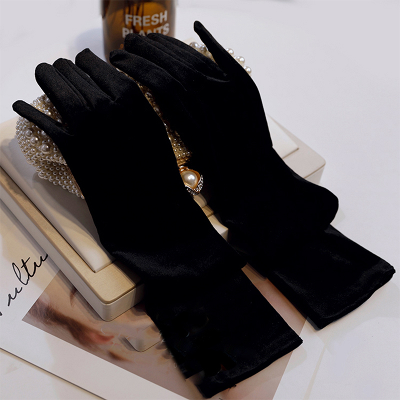 ST-0006-A Black Long Gloves Performance New Elastic Gold Suede Dress Dance Etiquette Welcome Bride Sleeves