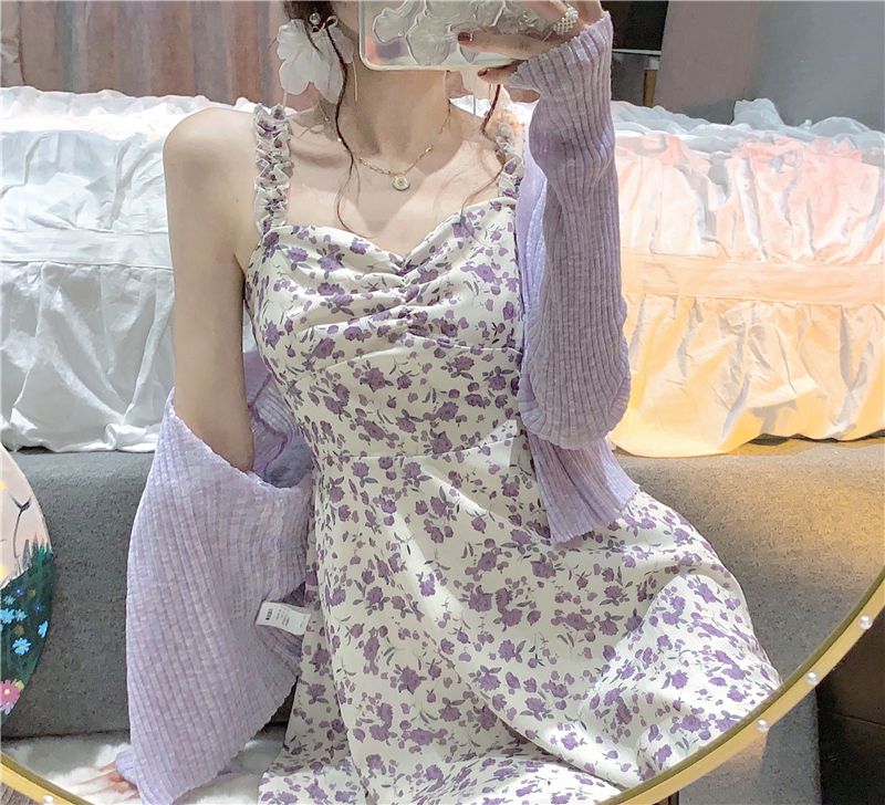 Женское лето 2 Плаковые платья набор фиолетовых цветов печатные платья для спагетти и тонкий кардиганский костюм smlxl