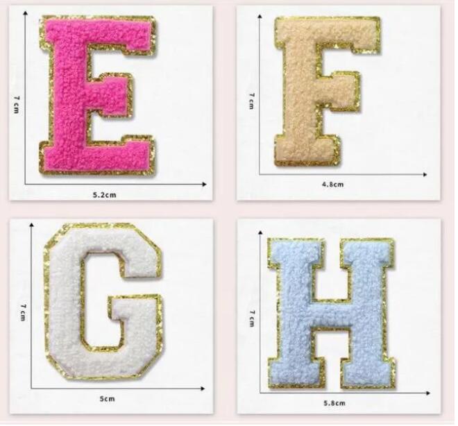 Alfabeto Número Parches Fiesta Chenille Carta Parche Hierro en letras A-Z Brillos Parches Borde dorado para DIY Artesanía Ropa Decoraciones