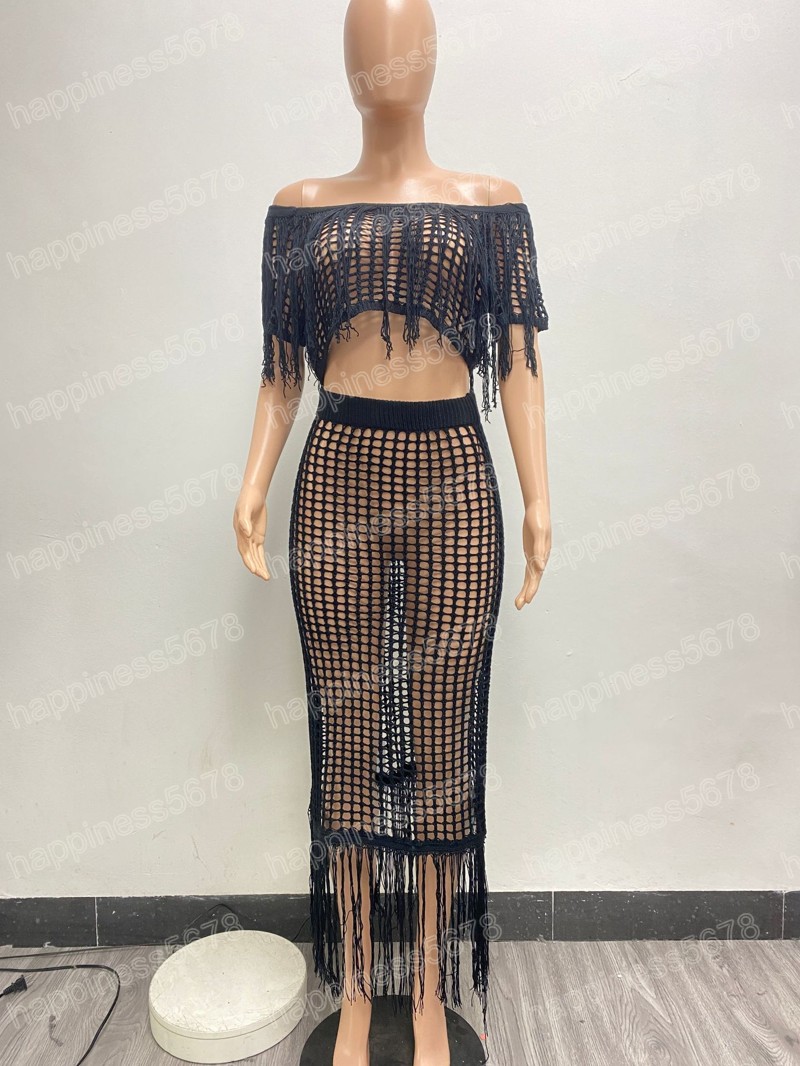 Zomerstrand gebreide kwastje tweedelig set vrouwen sexy off schouder korte mouw crop top maxi rok hollow out vakanties pak