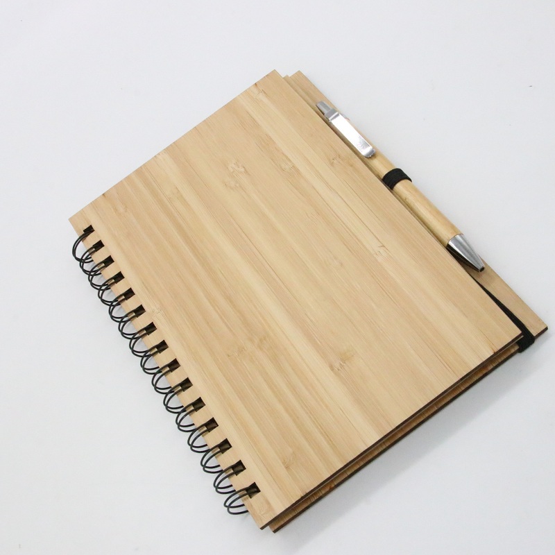 Wood Bamboo Cover Notebook Spiral Notepad With Pen 70 sheets recycled lined paper