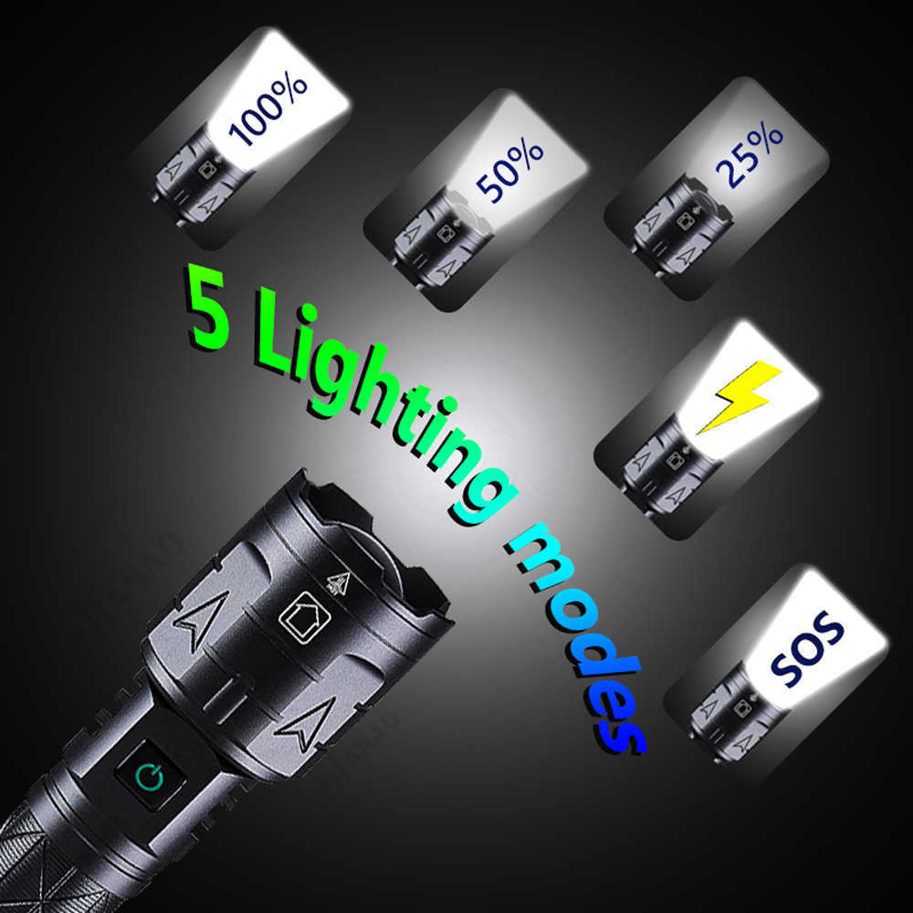 Zaklampen fakkels e3 camping krachtige XHP120 LED -zaklamp USB -oplaadbare zoekopdracht spotlights Hoge lumen G10 witte LED tactische zaklampen p230517
