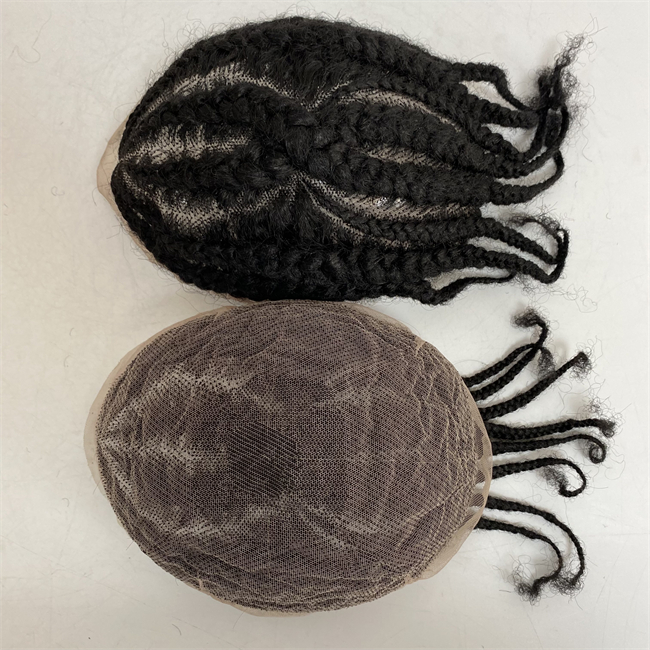 Substituição de cabelo humano virgem indiana No. 8 Root Afro Corn Braids #1b Black Full Lace Toupee for old Blackman