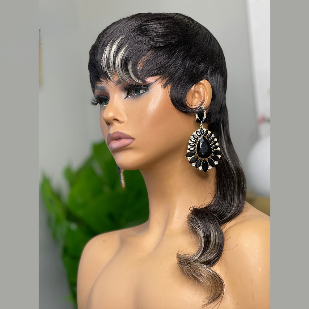 Nytt India Virgin Human Hair Short Pixie Cut Wigs With Bangs Glueless Highlight Blonde Wig Ingen full spetsfront ombre kroppsvåg peruk för svarta kvinnor