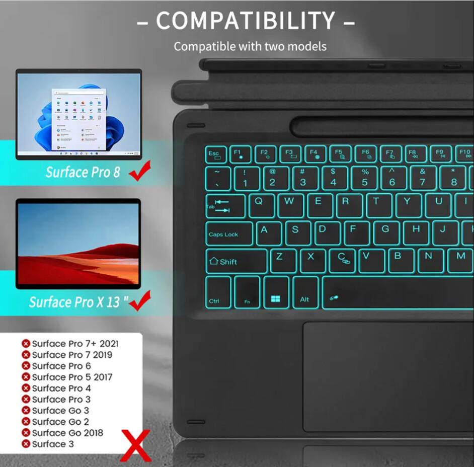 Bakgrundsbelyst tangentbord för Surface Pro 8 9 Multifunktionell pekplattan Smart tangentbord omslag för Microsoft Laptop-tangentbord