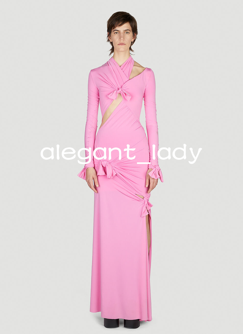 Kim Kardashian Red Carpet Evening Dresses with Long Sleeve Hot Pink Fuchsia Cutout Bow Mermaid Prom Formal Dress Wear
